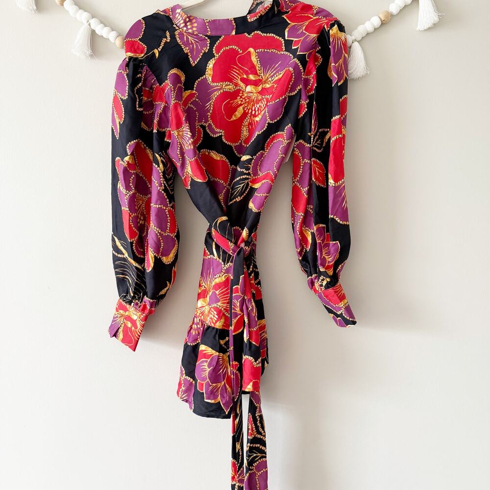 Farm Rio Shiny Chita Floral Print Long Sleeve Minidress Tiered Black Size Small - Picture 8 of 9